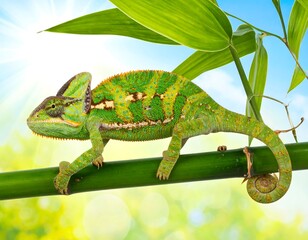 Green Chameleon on Bamboo Branch.