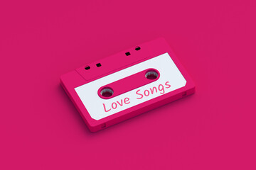 Love songs words on magnetic audio cassette. Romantic music. The concept of Valentine's Day. 3d render