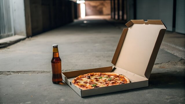 Open Pizza Box With A Bottle Of Beer On A Concrete Floor In An Alleyway With Dramatic Lighting