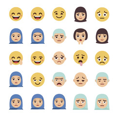 Diverse Collection of Expressive Emoji Faces Showing Various Emotions.