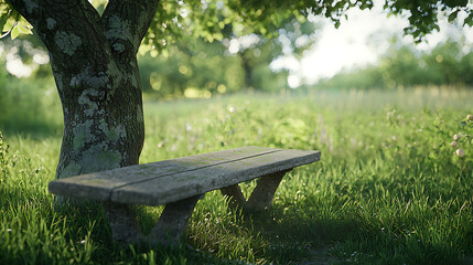A bench is sitting in a grassy field next to a tree
