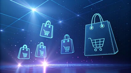 floating neon shopping bag and cart in digital shopping background