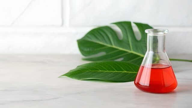 Red Liquid In Erlenmeyer Flask With Green Leaves On White Countertop