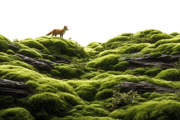 Fox standing proudly on a mossy hilltop, a stunning nature scene perfect for wildlife conservation campaigns and idyllic landscape designs