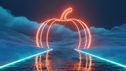Neon pumpkin outline in a futuristic landscape with water reflections.
