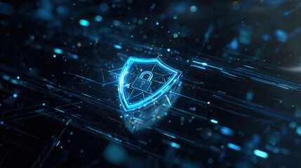 A digital shield symbolizing cybersecurity, illuminated with blue light, set against a backdrop of shimmering data streams.