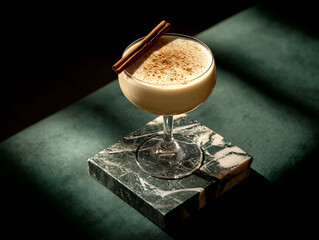 Elegant cocktail presentation with cinnamon stick garnish on a marble coaster, creating a sophisticated and inviting ambiance.