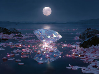 A dreamy night scene featuring a large diamond reflecting the moonlight on a serene lake.