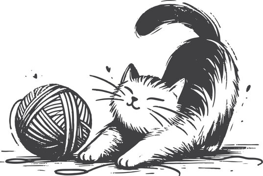 A cheerful, black-and-white sketch of a cat bending over a ball of yarn, capturing cozy playfulness and pet companionship. Ideal for pet care, home, family, and lifestyle stock projects