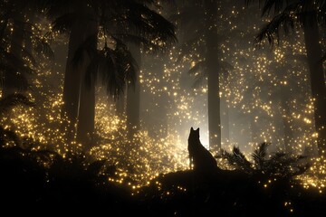 Enchanting forest scene with sparkling light and a mysterious wolf silhouette, perfect for fantasy book covers and magical advertising campaigns
