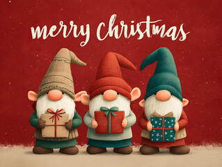 Festive Christmas Gnomes with Gifts: A Heartwarming Holiday Greeting Card Illustration
