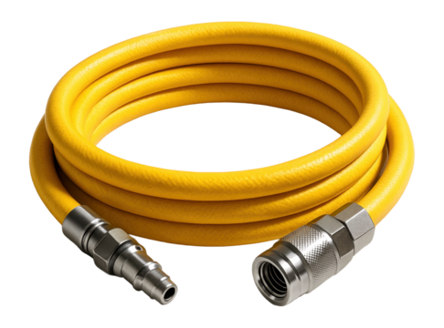 Flexible rubber air hose with quick-connect fittings for automotive repair use.