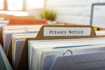Organized file folders labeled with a privacy notice, showcasing an office environment with plants