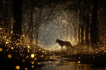 Enchanting wolf silhouette bathed in golden light amidst a mystical forest, perfect for fantasy novels, magical realism art, and evocative book covers