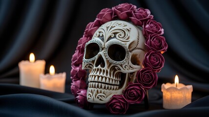 Ornate Skull Decorated with Roses and Candles halloween.