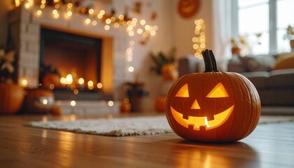 Obraz premium a jack o lanten sitting nexte to a mini robot in cozy room