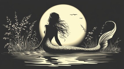 Silhouetted mermaid sitting by moonlit water, long hair flowing, surrounded by reeds.