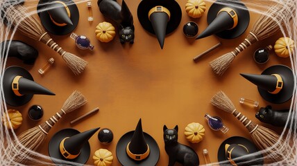 Overhead view of Halloween objects including witch hats and black cats.