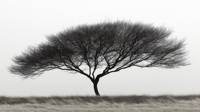 Silhouette of a leafless tree in a foggy field.