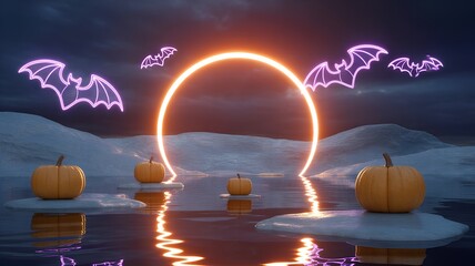 Purple Neon Bat Halloween Scene with Pumpkins and Ring.