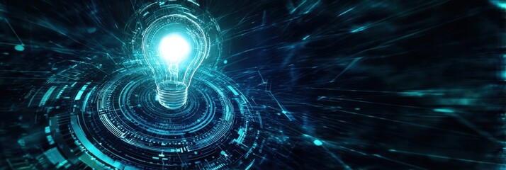 A glowing light bulb emerges from a digital vortex, symbolizing innovation and technology in a futuristic setting.