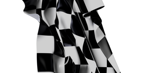 A close-up view of a waving checkered racing flag isolated against a white background, symbolizing competition and victory. Suitable for motorsp