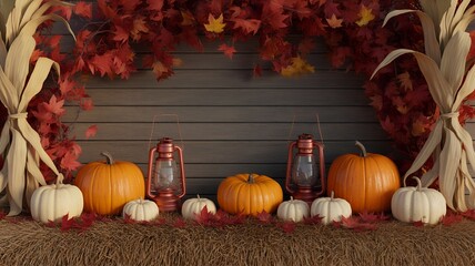 Rustic Autumn Display With Pumpkins Lanterns And Leaves.