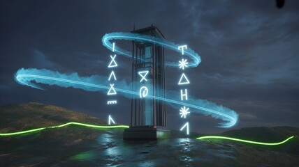 Sci-fi tower with blue glowing symbols and green ground light.
