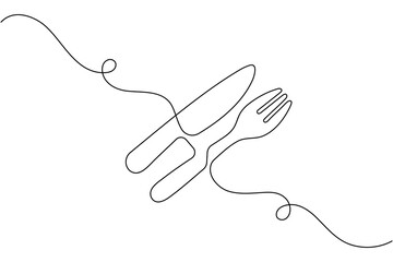 Cutlery and dish one line drawing of minimal outline isolated vector design
