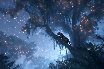 Stunning leopard climbs a tree in a magical glowing forest perfect for fantasy book covers or unique nature scenes with an enchanted, dreamy atmosphere