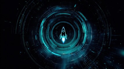 A futuristic digital design featuring a rocket icon surrounded by concentric circles and abstract patterns, symbolizing space exploration and technology.