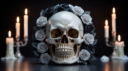 Skull surrounded by dark roses and lit candles human skull.