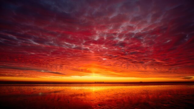 Fiery Sunset Horizon Over Reflective Tidal Flats Dramatic Red Orange Sky Clouds Horizon Line Calm Water Ocean Beach Dusk Twilight Serene Atmosphere Natural Beauty Serenity Evening Glow Vibrant Colors - Powered by Adobe