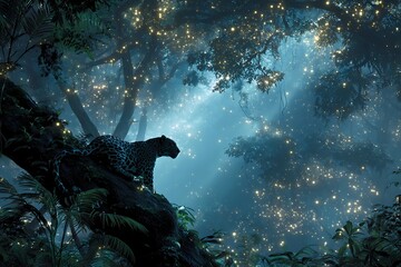 Dramatic leopard surveying the magical rainforest canopy with glowing lights and lush green foliage for captivating adventure and nature themes