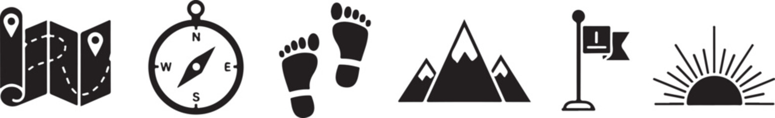 Collection of silhouette icons for outdoor adventure hiking travel and nature exploration discovery vector