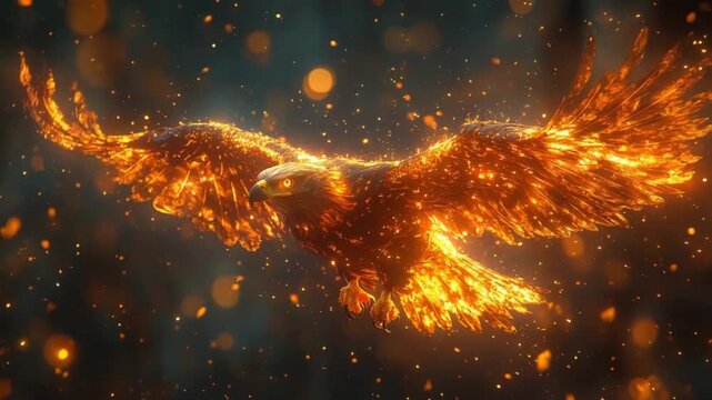 A majestic, fiery eagle soars through a dark, ethereal setting.