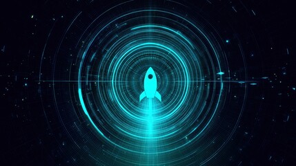 A blue rocket icon ascends through a series of concentric circles, representing motion and exploration in a digital, futuristic environment.