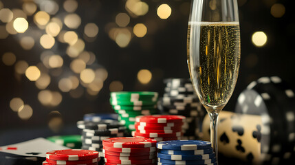 Gambling Celebration: A flute of champagne and poker chips create a festive atmosphere, hinting at high stakes and celebratory moments during the game.