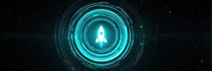 A futuristic rocket icon surrounded by glowing circular patterns, set against a starry background, suggesting space exploration and technology.