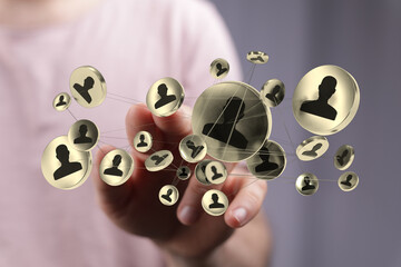 Concept of networking, connection and contact of business partner over modern city. Virtual and...