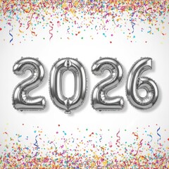 Obraz premium Silver balloons spell out 2026 surrounded by colorful confetti and streamers