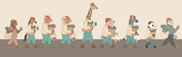 Line of cute anthropomorphic animals — giraffe, zebra, panda, pig, lion, and bear — wearing autumn clothes and carrying coffee cups and eco bags. Cozy fall concept art.