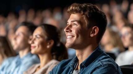 Fototapeta premium Diverse group of teenagers enjoying a fun moment while laughing together in a movie theater setting