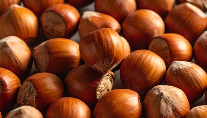 A close-up shot of numerous hazelnuts in their shells, densely packed together on a light surface, showing texture
