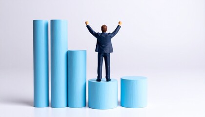 Obraz premium A miniature businessman celebrating on top of a cylindrical platform alongside growing bar graphs