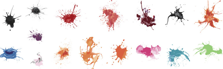 Colorful paint splashes isolated on white background, vibrant liquid explosion textures for creative art, abstract design, and modern graphic backgrounds