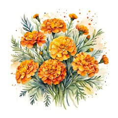 Watercolor painting with a bouquet of marigold flowers.