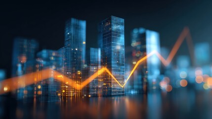 A futuristic city skyline with glowing skyscrapers and a rising graph overlay, symbolizing economic growth and innovation.