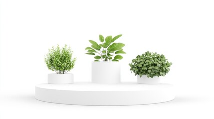 Three potted plants on a white platform; studio shot; ideal for website or blog