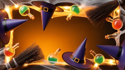 Spooky Halloween Witchy Potion Frame with Hats and Brooms.